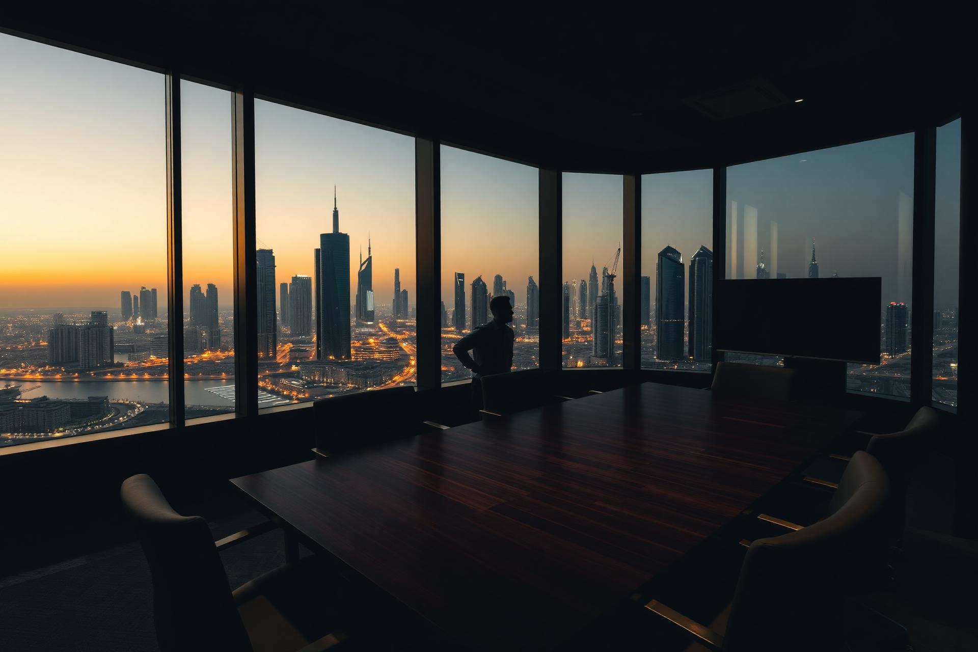 Executive boardroom with Dubai skyline